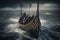 three vikings on their ship, navigating stormy seas