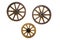 Three vintage wagon wheels on white wall