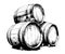 Three vintage wooden barrels for wine and beer hand drawn sketch engraving style