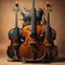 Three violins and a violin on a brown background with copy space. ai generated