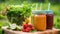 Three vitamin drinks on the table next to a set of fruits and greens