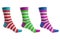 Three volumetric sock with different lines isolated on white background. Colorful volumetric socks on white background. Colored