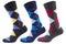 Three volumetric socks with a pattern of colored rhombuses, on a white background, concept
