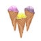 Three waffle cones with ice cream of different flavors and colors: yellow, purple and pink. Realistic drawing.