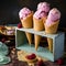 Three waffle cones with pink ice cream