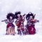 Three wandering musicians play music, winter, snowing