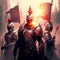 Three warriors in shining armor against the backdrop of the sun. Metal armour, red standard