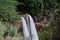 Three waterfalls cascading over a volcanic cliffside surrounded by rain forest at Wailua Falls in Kauai, Hawaii