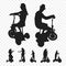 Three-wheeled electric transport. Elektrosamokat tricycle. Silhouettes of people on bicycles.