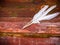 Three white goose feathers on a wooden table