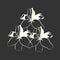 Three white lilies in minimalist style on black background. Abstract flower design. Simple logo template for premium business