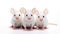 Three white mice sitting next to each other, laboratory mice, animal research concept image.