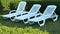 Three white plastic garden loungers stand in the garden on the lawn in front of a green hedge