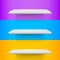 Three white realistic shelves on voilet, blue and yellow background