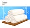 Three white rolled towels on wooden plate. Vector