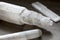 Three White Selenite Crystals arranged on table