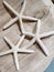 Three white star fishes sculpture on wood