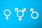 Three white symbols for gender on blue background. concept transgender
