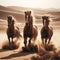 Three wild horses running through desert landscape