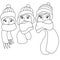 Three winter girls coloring page, head in a warm hat and a cozy scarf