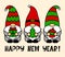Three winter gnomes. Phrase Happy New Year. Vector characters with tree, ball, present