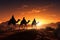 Three wise men in the desert go to worship the baby Jesus. Christmas. AI generation