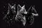 Three wolves on a black background. Generative AI.
