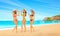 Three Woman In Bikini On Beach, Girls Wear Hat On Summer Sea Vacation