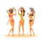 Three Woman In Bikini, Full Length Long Leg Girls Wear Hat Happy Smiling