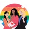 Three woman showing okay gesture with LGBT flag behind them on white background. Three cheerful multiracial girls in