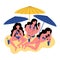 Three women in bikini use a smartphone. Women with cocktails. Vector illustration