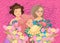Three women with bouquets on a background of flowers, greeting card design, vector cartoon style illustration.