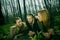 Three women in forest clearing