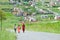 Three women with Mandela Houses in background of a Zulu Village, Zululand, South Africa