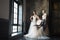 Three women near window wearing wedding dresses