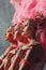 Three Women profile portrait in samba or lambada costume with pink feathers plumage