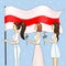 Three women with a red-white flag