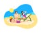 Three women relax and sunbathe on the beach. Sea, tan, sun, deckchairs. Girlfriends went on vacation at sea. Beach vacation. Vecto