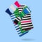 Three women\\\'s sweaters with high collars, colored stripes, as if walking, holding hands, levitating, concept