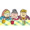 Three women, seniors at canteen at retirement house, vector illustration