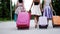 Three women walk suitcases, shopping bags arrive to rest on vacation, back view.