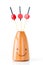 Three wooden canape sticks in wooden bottle and smile isolated o