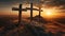 three wooden chrsitian crucifix crosses on hill at sunset