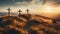 three wooden chrsitian crucifix crosses on hill at sunset