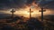 three wooden chrsitian crucifix crosses on hill at sunset