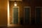 Three Wooden Doors Set into a Brick Wall with a Lantern Shaped Light Illuminating ONe