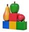 Three wooden fruits on colored cubes