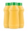 Three yellow mustard plastic bottles with no label and green cap