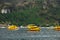 Three yellow passenger tourist speed boat, cruising near beach. Sea taxi