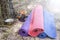 Three yoga mats on the sandy beach of the forest, situated near